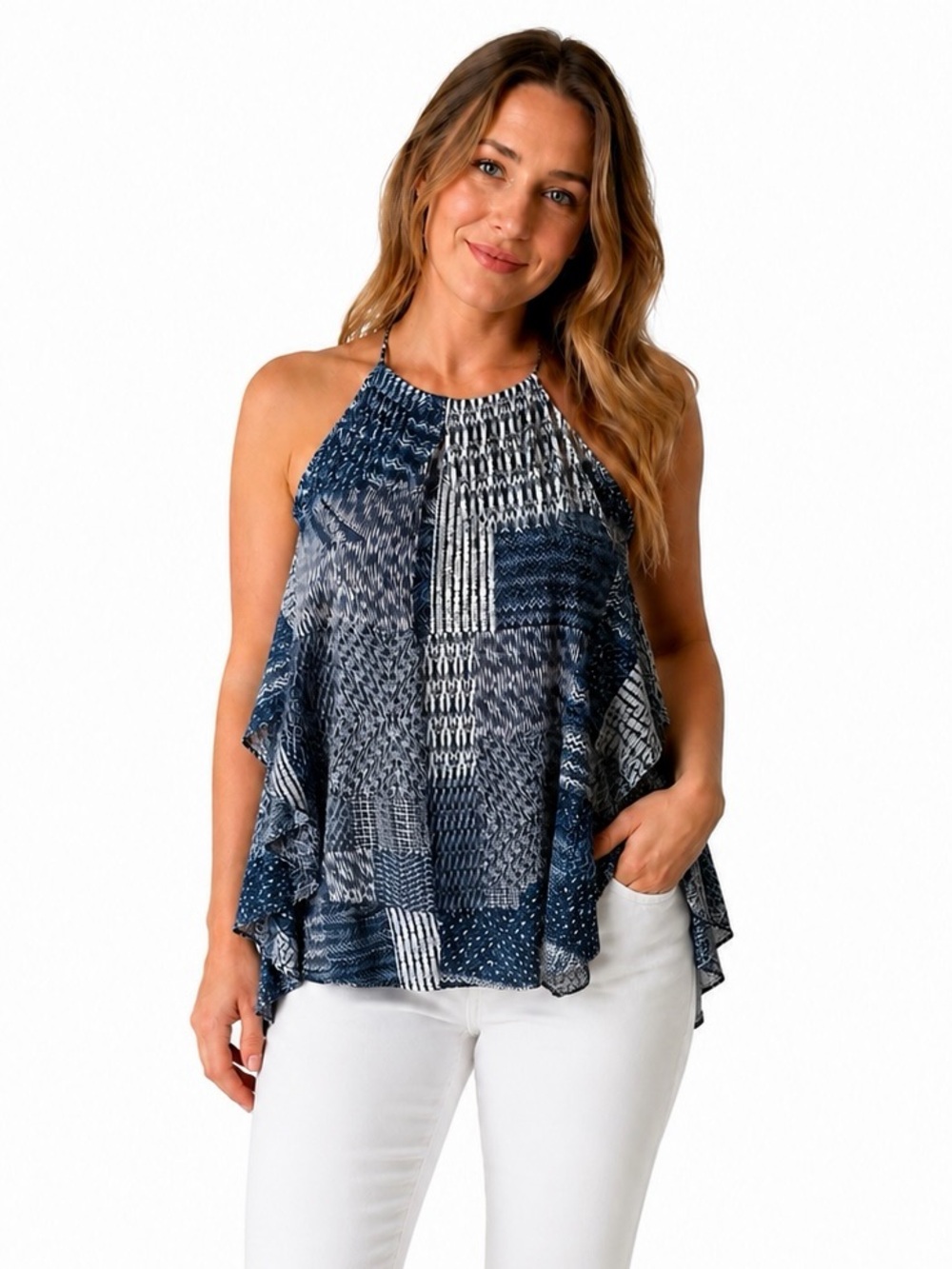 BCBGMAXAZRIA Blue Patchwork Halter Tank Top Size Small Boho Resort